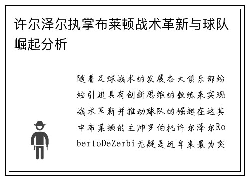 许尔泽尔执掌布莱顿战术革新与球队崛起分析
